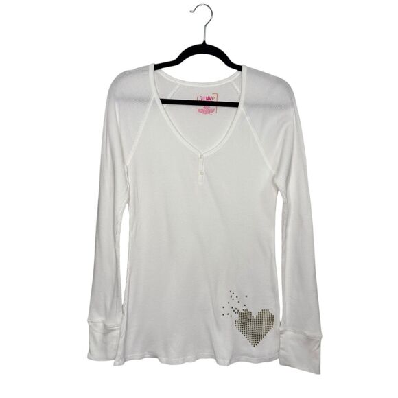 Jenni by Jennifer Moore Women’s XL Waffle Knit Henley Top White Embellished Y2K - Picture 1 of 5